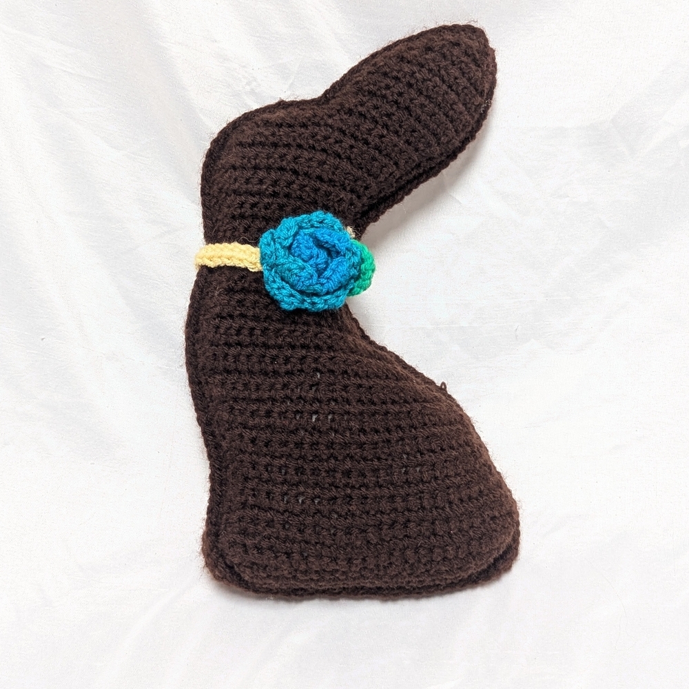 Handcrafted Amigurami Plush‎ Chocolate Bar Easter Bunny With Rossette Flower 13"